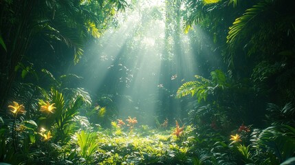 Obraz premium Sunlight streams through lush jungle foliage