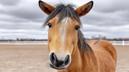Fototapeta premium Brown horse with a black mane and a white face. The horse is looking at the camera