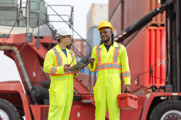 Engineer man Team in Safety Gear Control Containers Box at Container Cargo, Container Yard Workers Team Inspecting at Shipping Yard