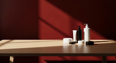 Skincare product display against a deep red wall, illuminated by natural light and shadows.

