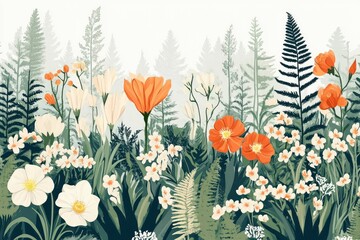 spring wonder, Ukrainian carpathian spring forest florals moss, ferns, flowers, simplified vector, muted tones