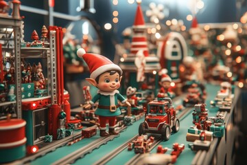Obraz premium Christmas elves work diligently in a modern toy workshop filled with festive decorations and busy scenes of holiday preparations in December