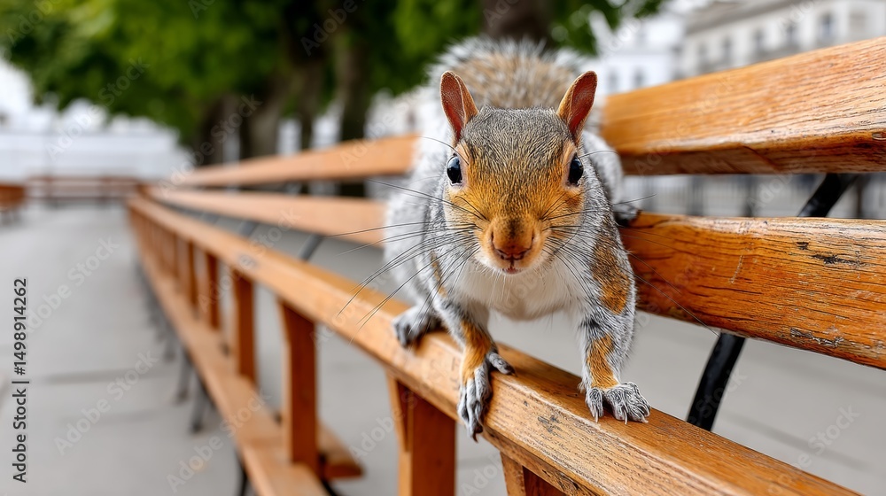 Poster squirrel is standing on a wooden bench. the bench is located near a tree and a bench is also visible