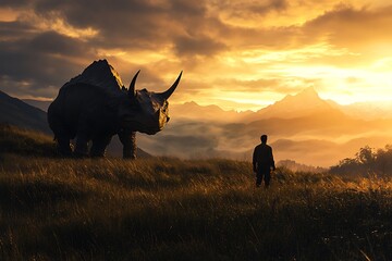 A person stands before a dinosaur in a dramatic sunset landscape.