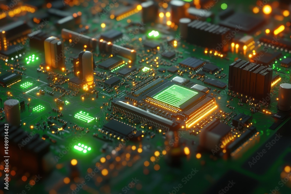 Poster detailed view of a circuit board showcasing microchip electronic components with glowing lights duri