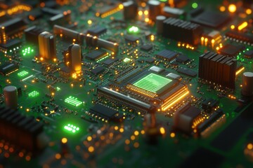 Obraz premium Detailed view of a circuit board showcasing microchip electronic components with glowing lights during a close-up examination in a tech lab setting