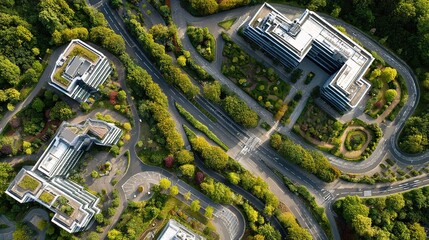 Aerial View of Modern Business Park Layout Surrounded by Greenery
