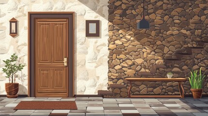 Sunlit house entrance features a wooden door, stone walls, potted plants, and a small bench.