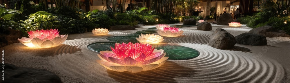Poster Raked sand patterns in tranquility with lantern and lotus concept. A serene scene featuring glowing lotus flowers in a tranquil setting.