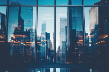 City skyline reflecting beautifully on the glass facade of a modern building showcasing urban architecture at twilight