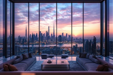 Fototapeta premium Skyline view from a modern interior showcasing the vibrant hues of sunset over the city skyline with stunning architecture and serene ambiance