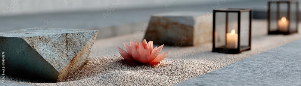 Poster raked sand patterns in tranquility with lantern and lotus concept. tranquil scene featuring stones, 
