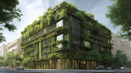 Stylish Corner Office Building with Vertical Greenery and Nature Elements