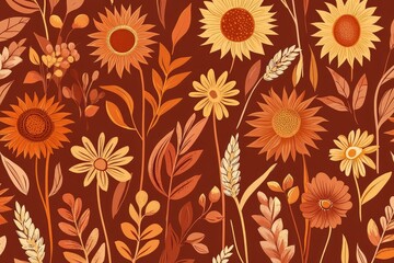 terracotta flat vector of stylized Ukrainian sunflowers and wheat, repeat pattern, ethnic minimal folk