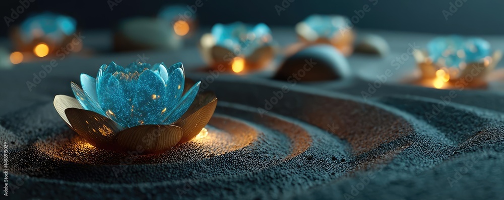 Poster raked sand patterns in tranquility with lantern and lotus concept. delicate blue water lilies illumi
