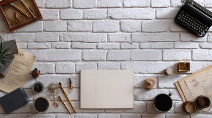 Vintage Workspace Top Down View with Office Supplies and Decor