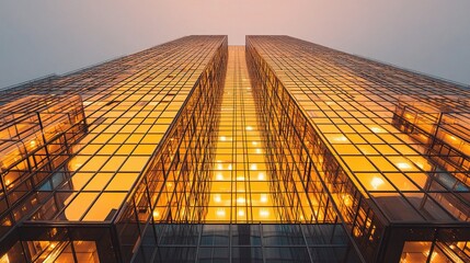 Towering Office Building Facade with Golden Reflections at Dusk