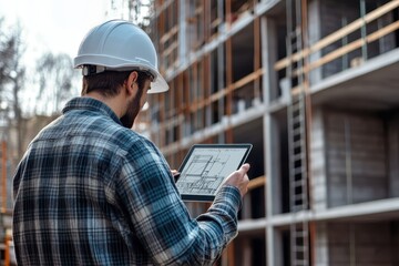 Civil engineer reviewing architectural plans on a tablet at a construction site during daytime as building progresses in the background