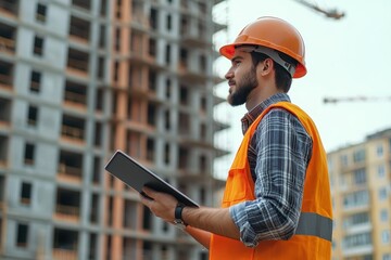 Civil engineer reviewing construction plans on a site with ongoing building activities in an urban area during daylight hours