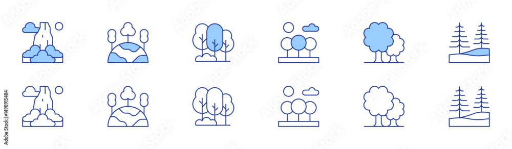 Poster forest icon set in two styles, duotone and thin line style. editable stroke. pico cao, forest, green