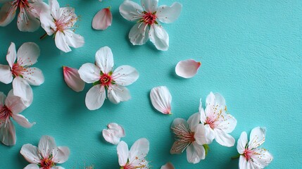 Top View Flat Lay of Spring Blossoms and Petals on a Turquoise Background