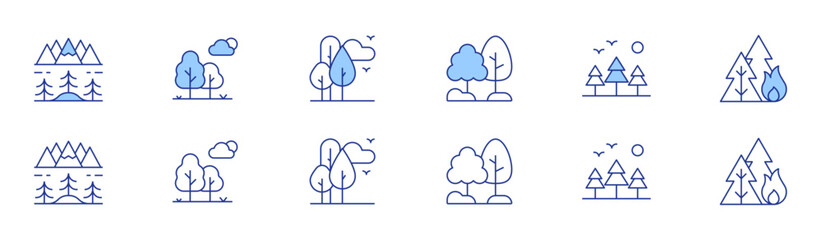 Forest icon set in two styles, Duotone and Thin Line style. Editable stroke. lanscape, forest, trees, nature, forest fire
