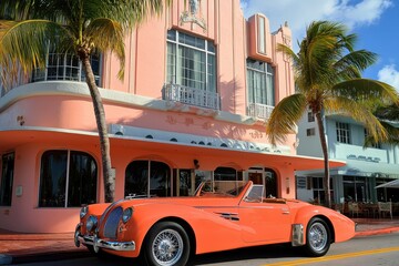 Fototapeta premium Classic coral sports car parked elegantly in front of vintage art deco building during bright sunny day in vibrant coastal city