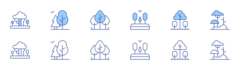 Forest icon set in two styles, Duotone and Thin Line style. Editable stroke. trees, forest