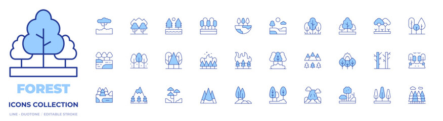 Forest icons collection. Line Duotone style, editable stroke. lake, forest, rainforest, hill, landscape, trees, tree, wildfire, mountain, forest fire