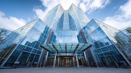 Modern Corporate Building with Towering Glass Facade and Entrance