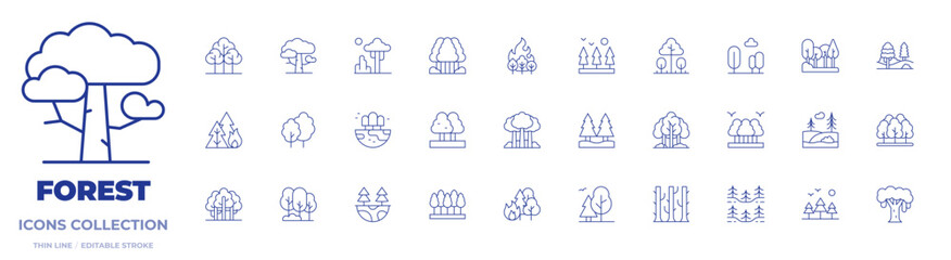 Forest icons collection. Thin Line icons, editable stroke. forest, forest fire, trees, ecology, woodland, earth, wildfire, field, tree