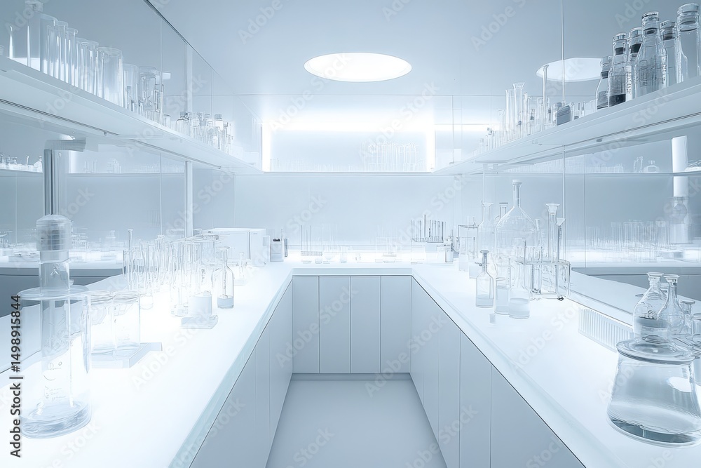 Poster modern laboratory features sleek design with bright lighting and glassware arranged systematically f