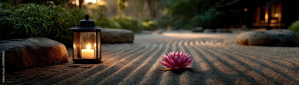 Poster Raked sand patterns in tranquility with lantern and lotus concept. A tranquil scene featuring a lantern, flower, and sand patterns.