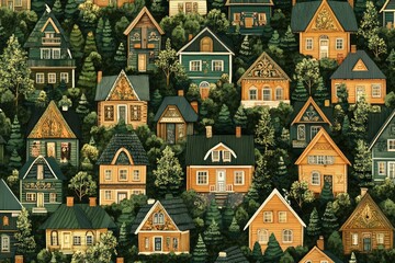 traditional wooden Ukrainian houses by the sea, stylized with sage green roofs and embroidered frames, seamless pattern
