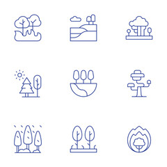 Forest icons set. Thin Line style, editable stroke. landscape, trees, tree, wildfire, forest fire, forest