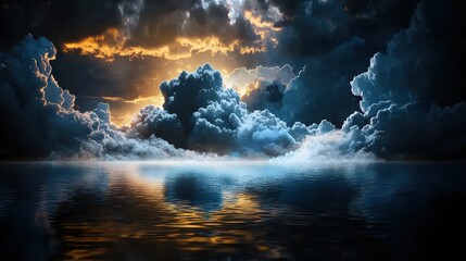 Fototapeta premium Dramatic cloud formation over serene water body at sunset nature scene atmospheric landscape photography