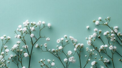Tiny White Gypsophila Flowers on a Mint Green Background