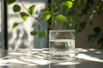 Clear glass of water on a sunlit table surrounded by leafy plants in a bright indoor setting, creating a serene atmosphere during the day