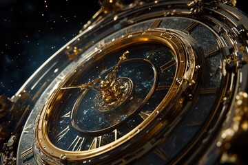 Obraz premium Contemplation of time in the cosmos with a golden clock reflecting the mysteries of space and the universe