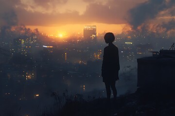 Fototapeta premium A silhouetted figure gazes over a cityscape at sunset, evoking contemplation and solitude.