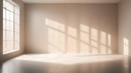 An empty room with sunlight streaming through a window onto the floor and walls, creating interesting shadows