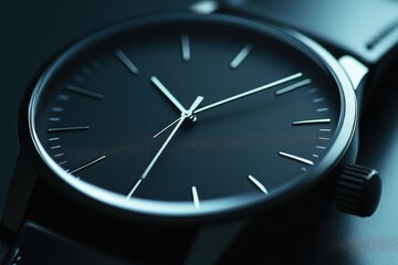Sleek black wristwatch with minimal design showcasing elegance and precision in a close-up view captured in a dark setting