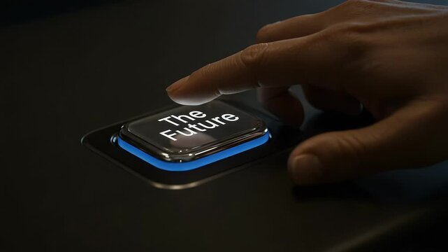 Hand pressing button labeled 'The Future' on dark surface  