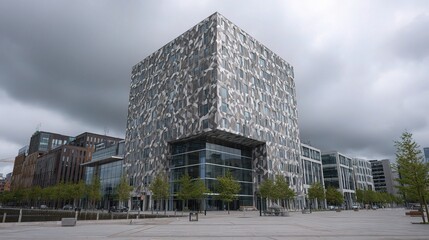 Modern Stylish Cube-Shaped Office Building Under Cloudy Skies