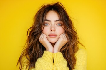 Fototapeta premium Close up of a cheerful girlfriend smiling gently with beautiful eyes, dressed in a cozy yellow sweater, sharing a moment of joy against a bright yellow backdrop