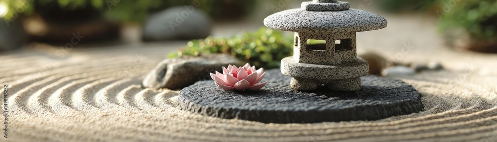 Poster raked sand patterns in tranquility with lantern and lotus concept. a serene japanese garden scene fe