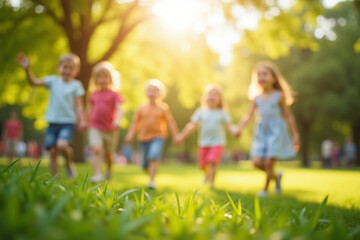 blur image of kids playing in the park with bokeh for background usage. AI