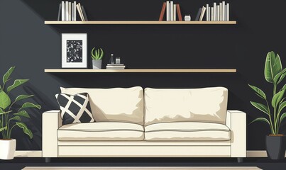 Modern Living Room Interior Design with Beige Sofa and Shelves
