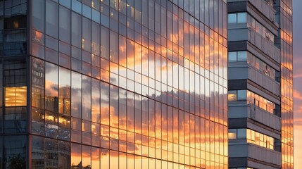 Vibrant Sunset Reflections on Modern Office Building Facade