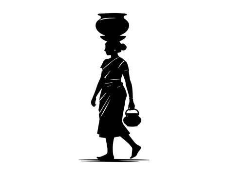 Traditional village woman carrying water pot on head. Black silhouette vector art. Minimal and EPS ready for cultural design.
